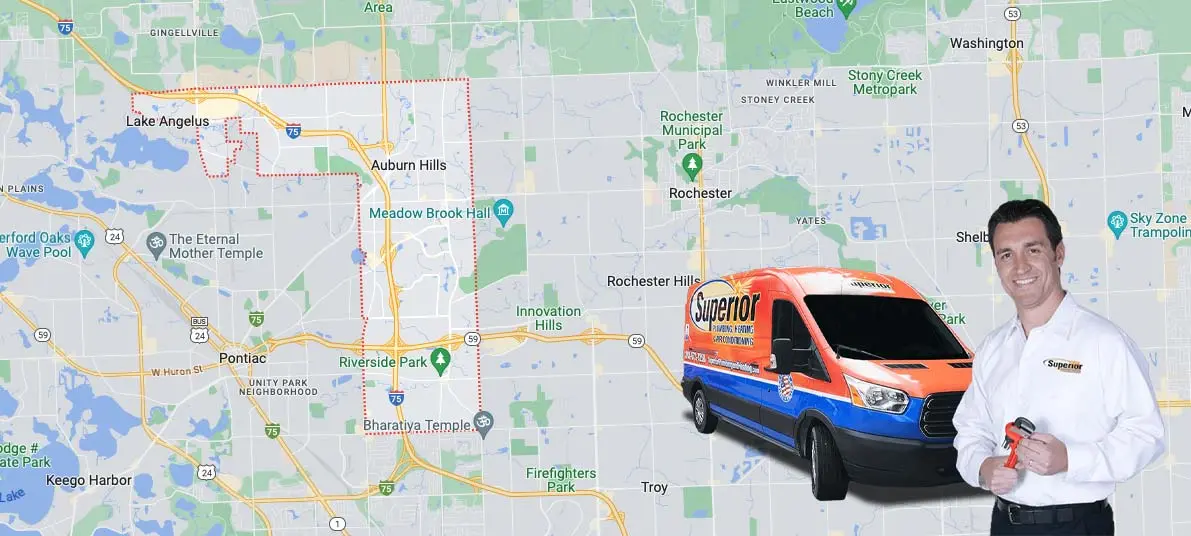Map of Auburn Hills, MI, featuring a Superior Plumbing, Heating & Air-Conditioning service van and a technician holding plumbing tools, emphasizing local service availability and expertise.