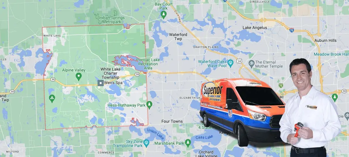 Superior Plumbing service van and technician smiling, set against a map of White Lake, MI, highlighting local plumbing services and customer engagement.