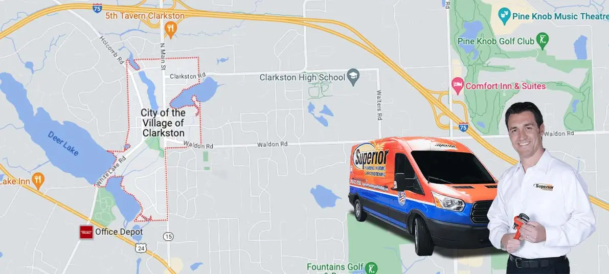 Superior Plumbing service van and technician in Clarkston, MI, emphasizing plumbing solutions and local service area.