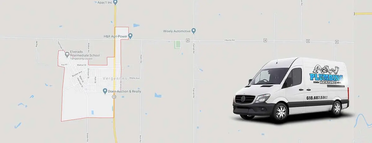 A & W Plumbing and Heating service van parked near a map of Vergennes, IL, emphasizing local plumbing services and emergency assistance.