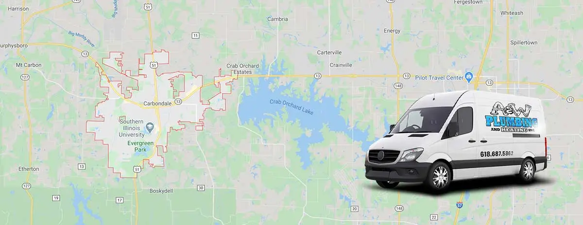 A & W Plumbing and Heating, Inc. service van in front of a map highlighting Carbondale, Illinois, emphasizing local plumbing services and emergency assistance.