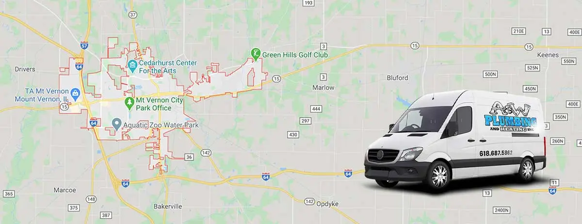 Map of Mt. Vernon, IL with A & W Plumbing and Heating, Inc. service van, highlighting local plumbing services and emergency assistance.