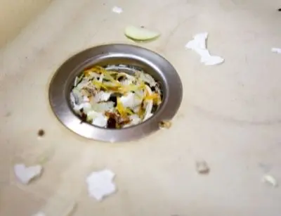Clogged kitchen sink drain with food scraps and residue around the garbage disposal opening, emphasizing the importance of maintenance for functional plumbing during Thanksgiving.