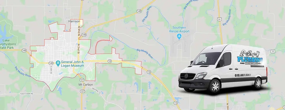 A&W Plumbing and Heating service van on map of Murphysboro, IL, highlighting local plumbing services and emergency repairs.