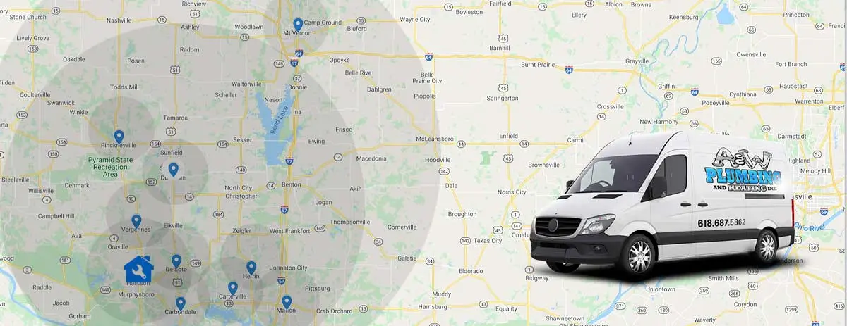 Map of Southern Illinois service areas with A & W Plumbing and Heating, Inc. van, highlighting locations served for plumbing, cooling, and heating services.