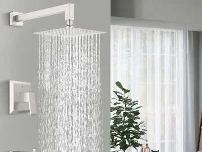 Modern showerhead with cascading water flow, featuring sleek design and wall-mounted controls, set in a bright bathroom with natural light and greenery.