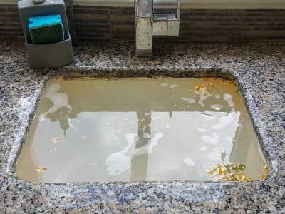 Clogged kitchen sink filled with dirty water and debris, indicating a plumbing backup and potential sewer line issues, relevant to drain cleaning and repair services.