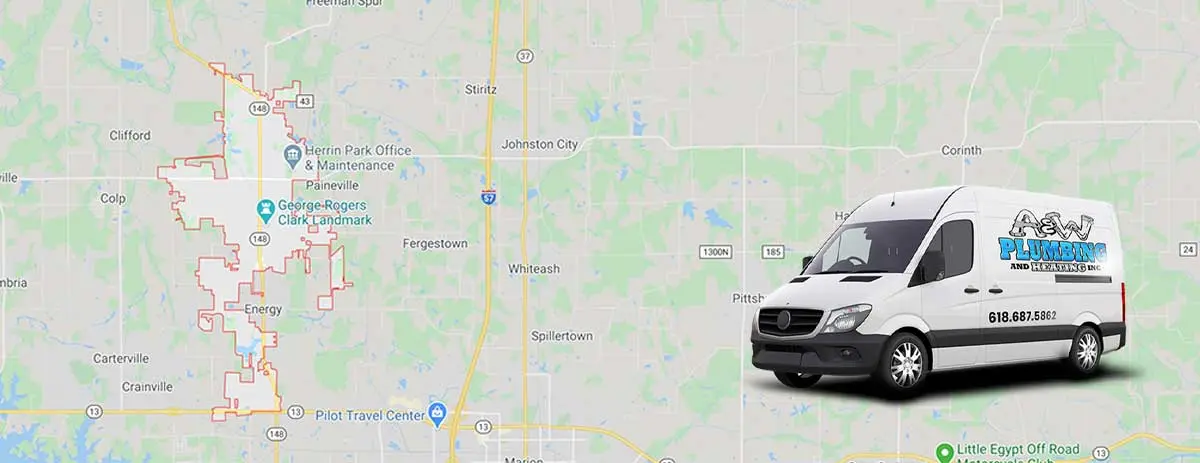 A & W Plumbing and Heating, Inc. service van on a map of Herrin, IL, highlighting plumbing services and emergency assistance.