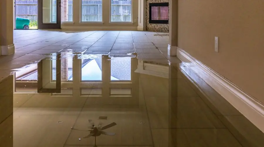 Interior view of flooded room with standing water on tiled floor, reflecting windows and ceiling fan, illustrating the impact of burst pipes on home damage.