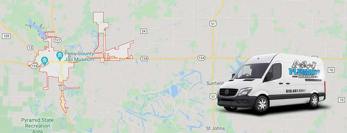 A & W Plumbing and Heating service van on a map of Pinckneyville, Illinois, highlighting local plumbing service coverage and emergency repair availability.