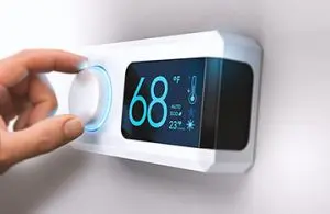 Hand adjusting a modern programmable thermostat displaying 68°F, illustrating energy-saving heating solutions for winter comfort.