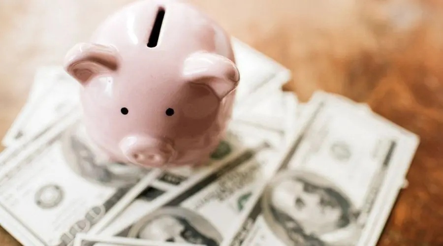 Pink piggy bank beside a stack of dollar bills, symbolizing savings for property management and financial security.