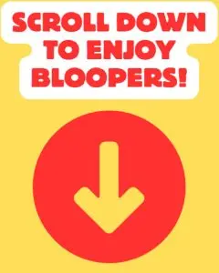 Graphic with bold text "SCROLL DOWN TO ENJOY BLOOPERS!" above a downward arrow, set against a yellow background, encouraging user engagement on B & D Plumbing, Heating & A/C website.
