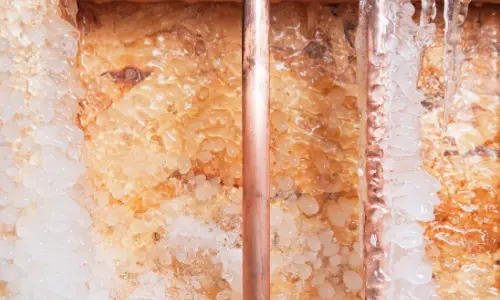 Frozen copper pipes covered in ice and frost, illustrating the dangers of frozen pipes and potential plumbing issues during winter.