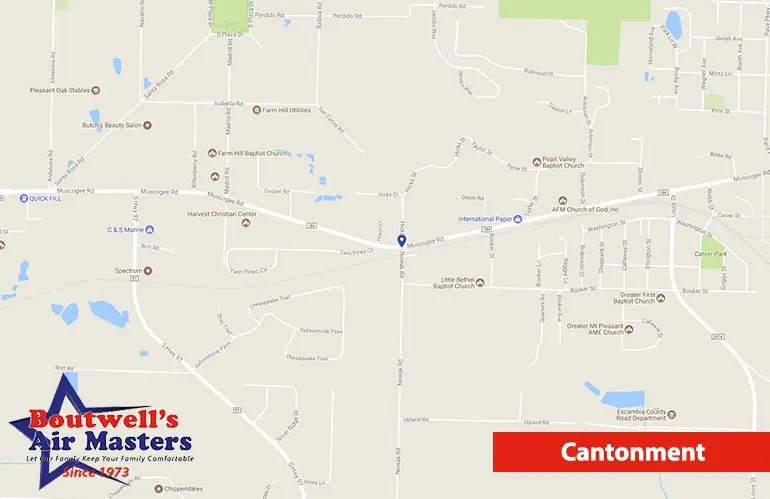 Map of Cantonment, Florida, highlighting Boutwell's Air Masters HVAC services location with logo and contact details.