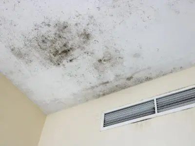 Mold growth on ceiling near HVAC vent, indicating potential indoor air quality issues and the need for UV air sanitizers.