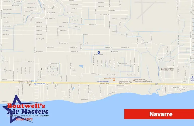 Map of Navarre, Florida, featuring Boutwell's Air Masters logo, highlighting local HVAC services and customer comfort.