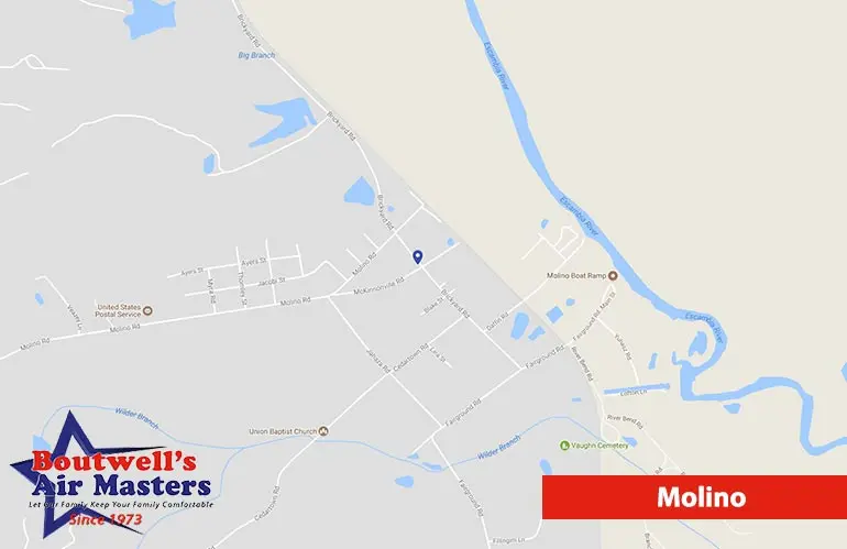Map of Molino, Florida, highlighting local landmarks and Boutwell's Air Masters HVAC services with logo and contact details.