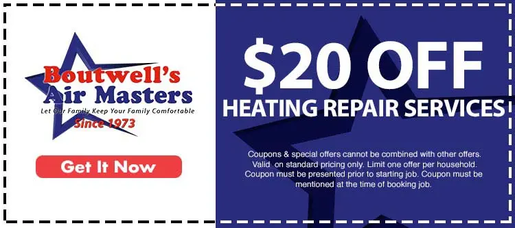 Boutwell's Air Masters promotional banner offering $20 off heating repair services, featuring the brand logo and a call-to-action button.