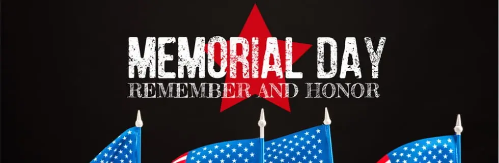 Memorial Day graphic featuring the text "MEMORIAL DAY REMEMBER AND HONOR" with a red star background and American flags in the foreground, symbolizing remembrance and tribute.