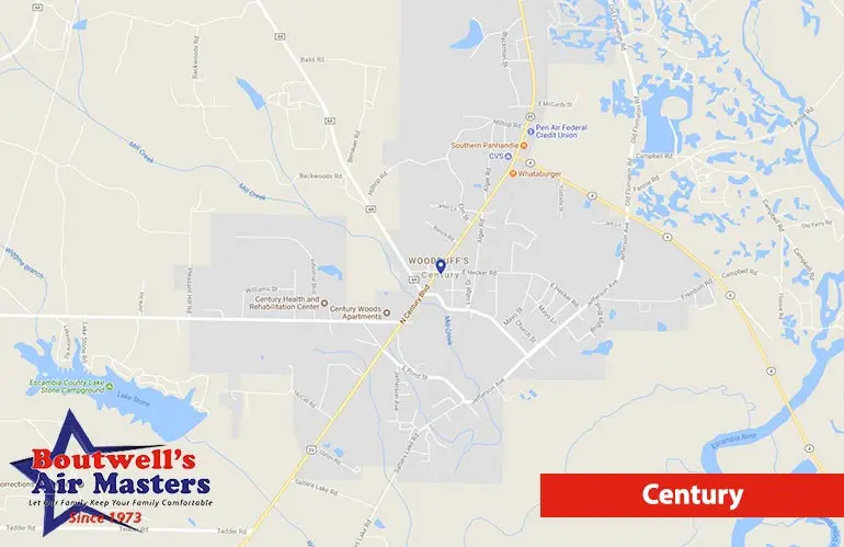 Map of Century, Florida, featuring Boutwell's Air Masters logo, highlighting service area for HVAC repair and installation.