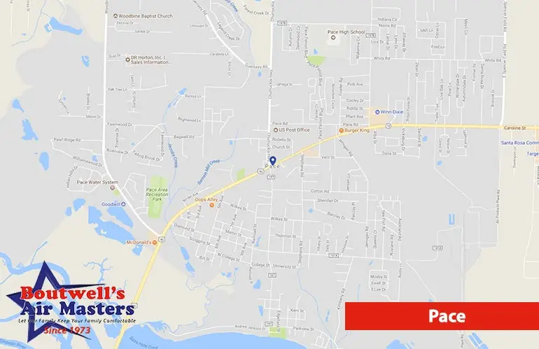 Map of Pace, Florida, highlighting service areas for Boutwell's Air Masters, featuring the company logo and contact information.