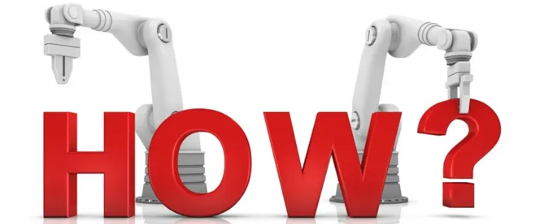 Image of a robotic arm next to large red letters spelling "HOW?" related to eco-friendly air conditioning installation tips.