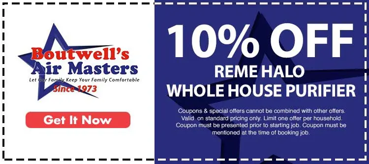 Boutwell's Air Masters promotional graphic featuring a 10% discount on the REME HALO whole house purifier, with branding and a call-to-action button.