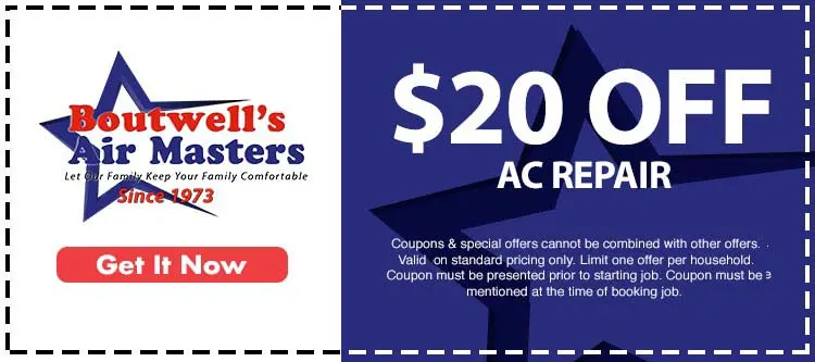 Boutwell's Air Masters promotional banner offering $20 off AC repair services, featuring the brand logo and call-to-action "Get It Now."