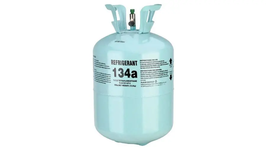 Refrigerant canister (R134a) showcasing warnings, labels, and safety instructions for HVAC maintenance.