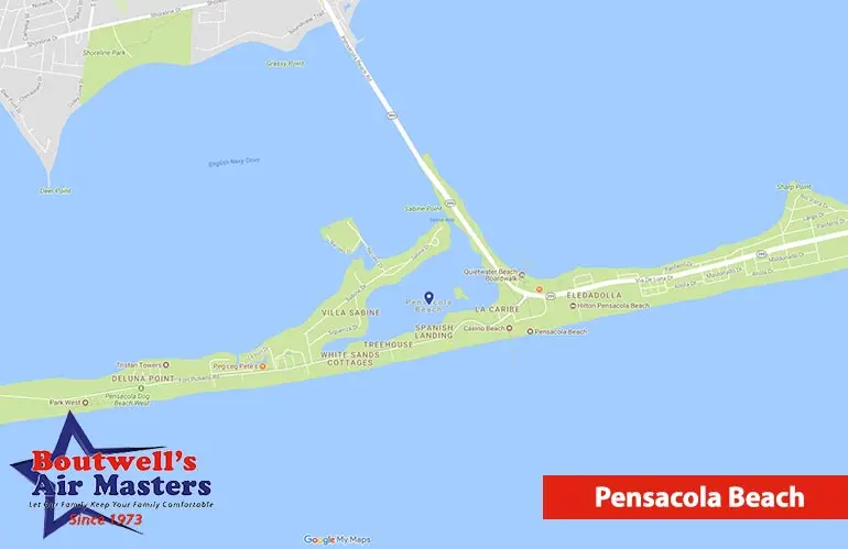 Map of Pensacola Beach highlighting Boutwell's Air Masters HVAC services location, featuring logo and contact details.