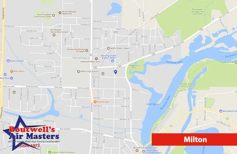 Map of Milton, Florida, highlighting Boutwell's Air Masters HVAC services location, featuring a logo and contact information.