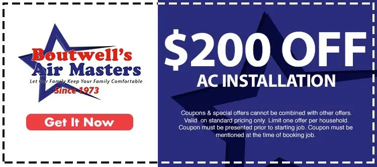 Boutwell's Air Masters promotional banner offering $200 off AC installation services, featuring the company logo and call-to-action button "Get It Now".