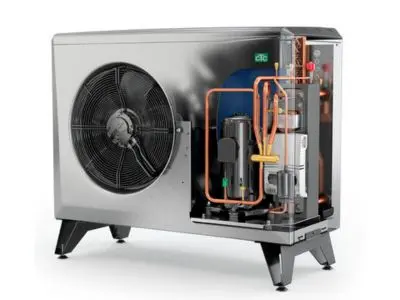 Heat pump system showcasing internal components, including compressor, fan, and copper tubing, illustrating energy-efficient heating and cooling technology for homes.
