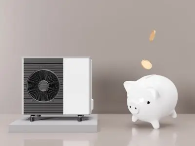 Heat pump unit beside a piggy bank with coins falling, symbolizing energy savings and cost efficiency in HVAC systems.