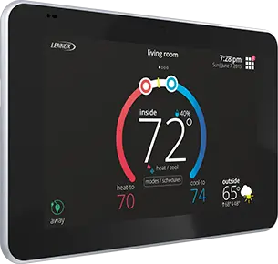 Smart thermostat display showing indoor and outdoor temperatures, humidity levels, and system settings for efficient climate control in homes.