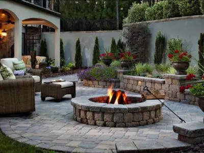 Outdoor fire pit surrounded by stone seating, vibrant flowers, and cozy furniture, enhancing warmth and ambiance for year-round patio enjoyment.