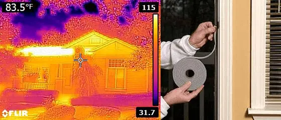 Thermal image of a house highlighting temperature variations alongside a person holding weatherization tape, illustrating energy efficiency solutions for homeowners.