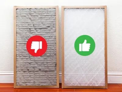 Dirty air filter on the left with red thumbs-down symbol and clean air filter on the right with green thumbs-up symbol, illustrating the importance of regular air filter replacement for HVAC efficiency and indoor air quality.