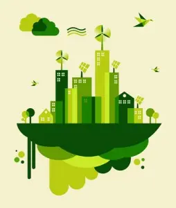 Green cityscape illustration with buildings, wind turbines, and solar panels, symbolizing energy efficiency and sustainable HVAC solutions for Boston homes.