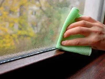 Person wiping condensation from a window with a green cloth, illustrating the effects of high humidity in homes and the need for dehumidifiers to improve air quality.