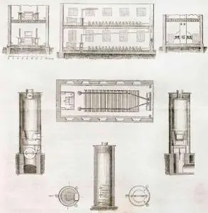 Illustration of historical heating system designs, including boiler and iron radiator layouts, relevant to the evolution of HVAC technology.