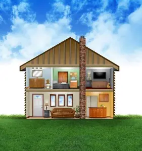 Illustration of a split-level house showcasing interior rooms, including living spaces and bedrooms, emphasizing HVAC system integration for energy efficiency and comfort in home environments.