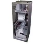 Mechanical air handler component with metal casing and internal motor, showcasing HVAC functionality and engineering design.