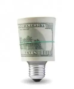 Light bulb made from a rolled $100 bill, symbolizing utility savings and energy efficiency tips for reducing utility bills.