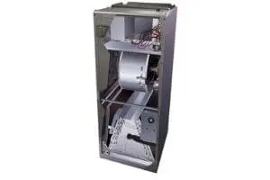 Air handler unit showcasing internal components, including blower fan and ductwork, illustrating key features of HVAC systems for heating and cooling air.