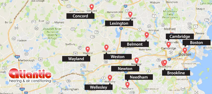 Map highlighting service areas for Atlantic Heating & Air Conditioning in Boston, including towns like Newton, Weston, and Needham, with logo.