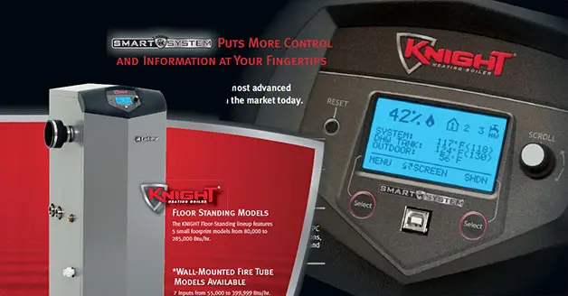 Boiler installation and maintenance services featuring Knight boiler with Smart System control panel, emphasizing advanced technology and user-friendly interface for optimal performance in heating systems.