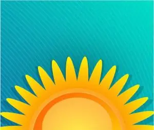 Sunrise graphic with bright yellow sun and stylized rays, symbolizing energy efficiency and summer preparation for HVAC systems.