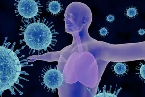 Illustration of a human figure with outstretched arms surrounded by blue virus particles, highlighting respiratory health risks associated with dirty air conditioning systems.